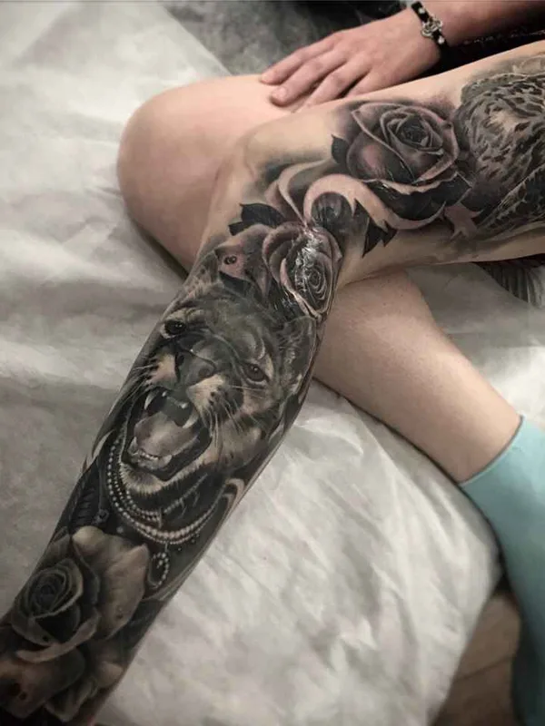 black and grey realism татуировка на full leg #11884 | Тату мастер Дмитрий Щелоков