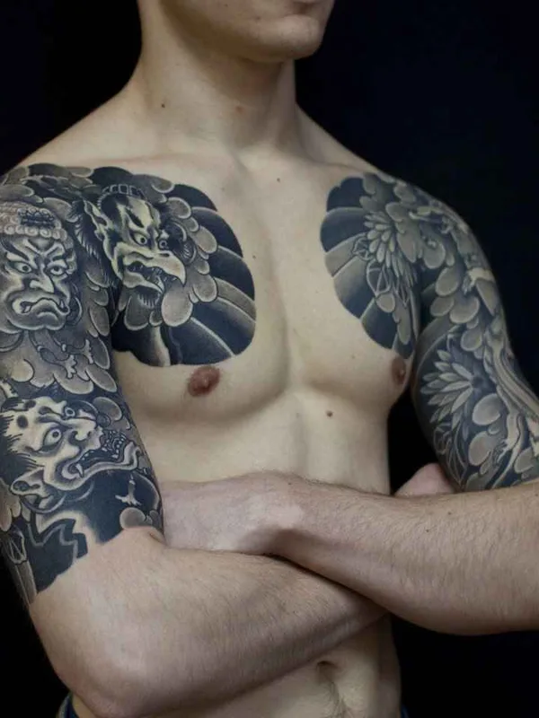 male black and grey japanese tattoo on full sleeve #10917 | Tattoo Artist Сергей Buslay Буслаев