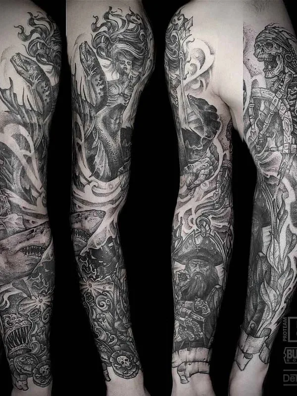 black and grey black and grey татуировка на full sleeve #8601 | Тату мастер Антон Дёртин