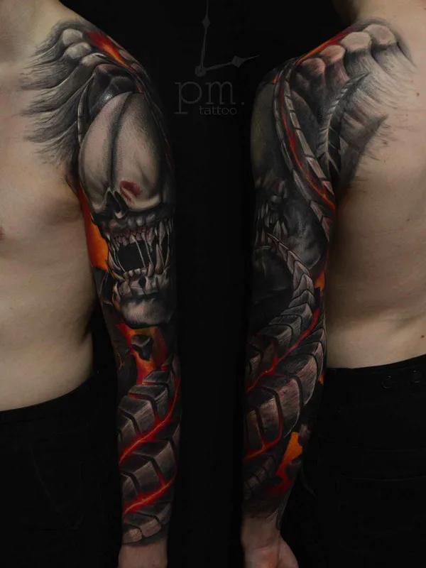 male color biomechanical Tatuaggio su full sleeve #7497 | Tatuatore Mihail & Polina