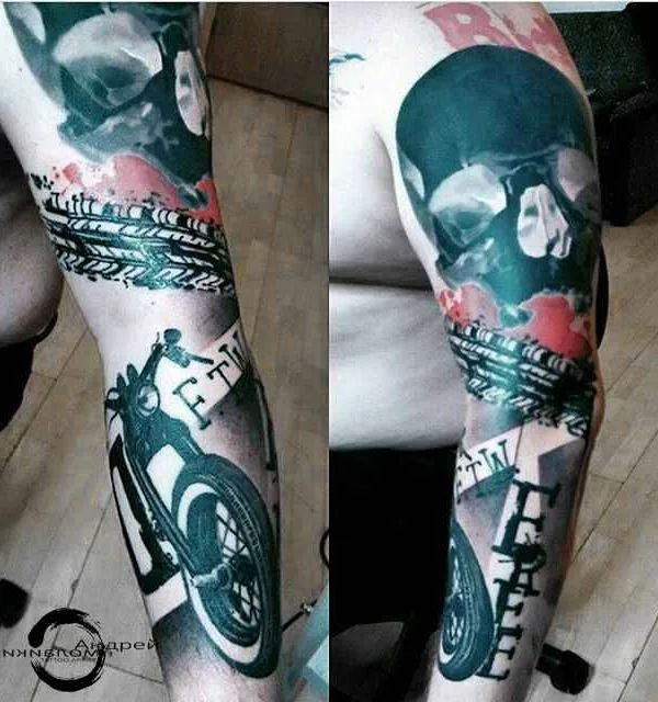 black and grey trash polka татуировка на full sleeve #18500 | Тату мастер Смолайкин Андрей Александрович