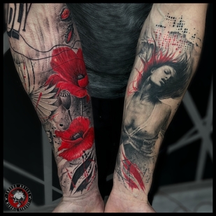 Männlich Schwarz und Grau Trash Polka tattoo auf Unterarm #66267 | Tattoo Artist Mihail Strogiy