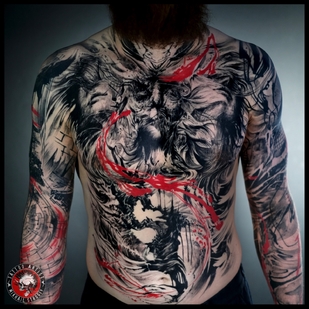 Männlich Schwarz und Grau Trash Polka tattoo auf Brust #73980 | Tattoo Artist Mihail Strogiy