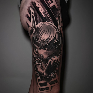 Männlich Schwarz und Grau Realismus tattoo auf Oberschenkel #77832 | Tattoo Artist Aleksey Titov