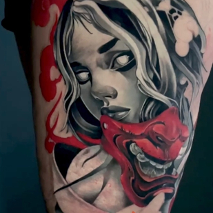 Weiblich Schwarz und Grau Japanisch tattoo auf Oberschenkel #81725 | Tattoo Artist Maxim Markov