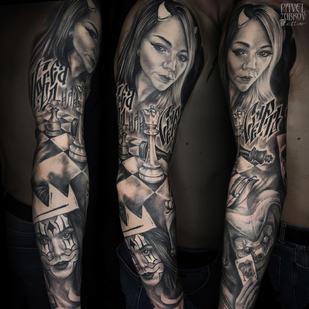 Männlich Schwarz und Grau Chicano tattoo auf Ärmel #83005 | Tattoo Artist Pavel Zubkov