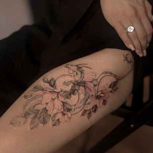 Weiblich Farbe  tattoo auf Oberschenkel #88751 | Tattoo Artist Sergeeva Tattoo