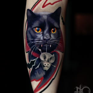 Weiblich Farbe Autorenstil tattoo auf Schienbein #86211 | Tattoo Artist Anastasiya Yusupova CAT_KABUKI