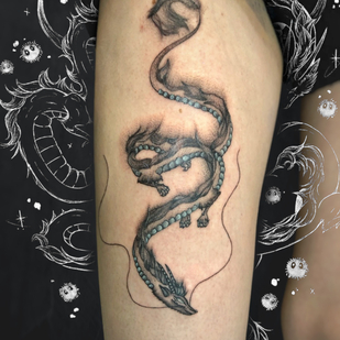 Weiblich Schwarz und Grau Anime tattoo auf Oberschenkel #83941 | Tattoo Artist Gulyaeva Victoria