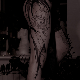 Weiblich Schwarz und Grau Anime tattoo auf Oberschenkel #88340 | Tattoo Artist Lida