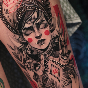 Weiblich Farbe Grafik tattoo auf Oberschenkel #85252 | Tattoo Artist Marusya