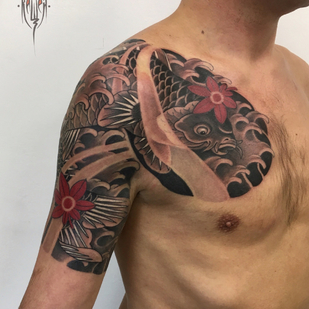 Männlich Schwarz Japanisch tattoo auf Schulter #87362 | Tattoo Artist Vitaliy Kanaschenkov
