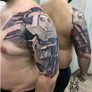 Männlich Schwarz Biomechanisch tattoo auf Schulter #87368 | Tattoo Artist Vitaliy Kanaschenkov