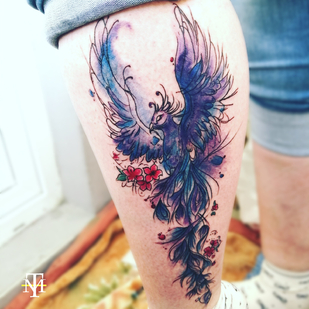Weiblich Farbe Aquarell tattoo auf Bein #91732 | Tattoo Artist Vyacheslav Menschikov