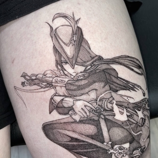 Weiblich Schwarz und Grau Grafik tattoo auf Bein #94447 | Tattoo Artist nunichego shtyrikova