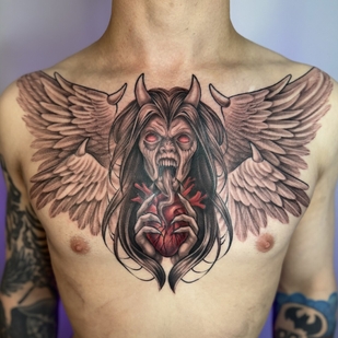 Männlich Schwarz Neo-traditionell tattoo auf Brust #97756 | Tattoo Artist Dasha Kostrova