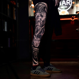 Männlich Schwarz Realismus tattoo auf Bein #91294 | Tattoo Artist Lera Valer_eva