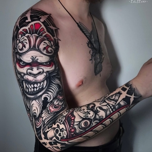 Männlich Schwarz und Grau Grafik tattoo auf Ärmel #101652 | Tattoo Artist Pavel Zubkov