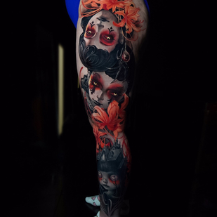 Weiblich Farbe Porträt tattoo auf Bein #99914 | Tattoo Artist Anastasiya Yusupova CAT_KABUKI