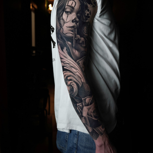 Männlich Schwarz und Grau Chicano tattoo auf Ärmel #99916 | Tattoo Artist Anastasiya Yusupova CAT_KABUKI