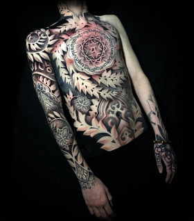 Unique contrast ornamental blackwork tattoos by John Del-Pinto