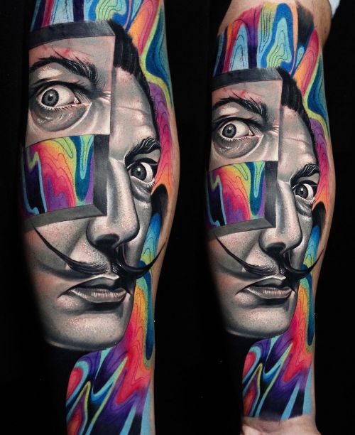 Bright tattoo sleeve for the photographer. Santorini and volcano tattoo  idea | TattoosAI
