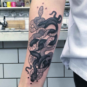 Snakes, snakes, snakes in graphics tattoos by Mirko Sata