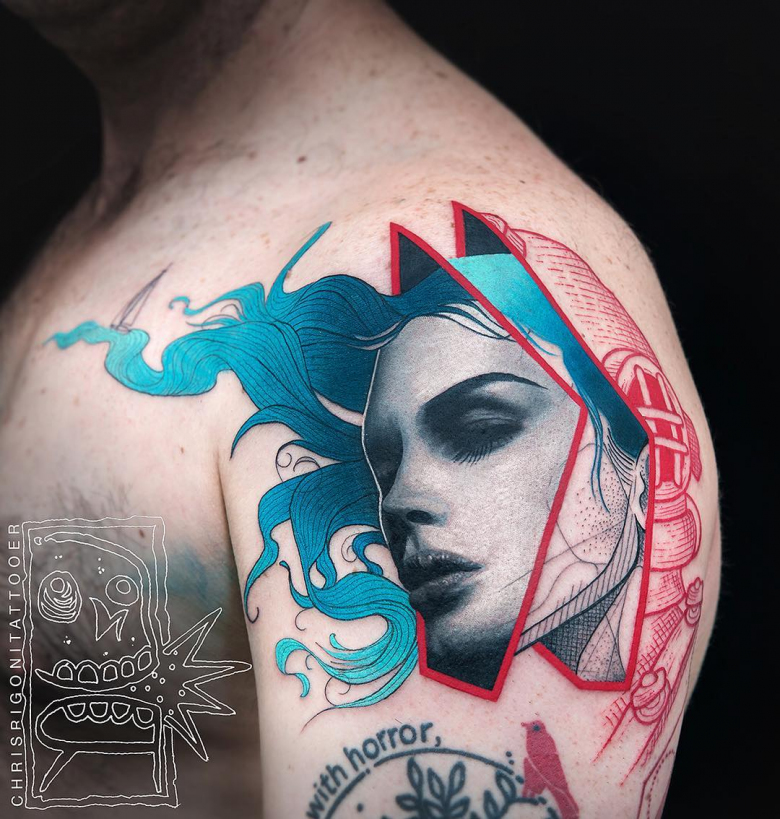 Surrealistic mix of styles in tattoos by Chris Rigoni