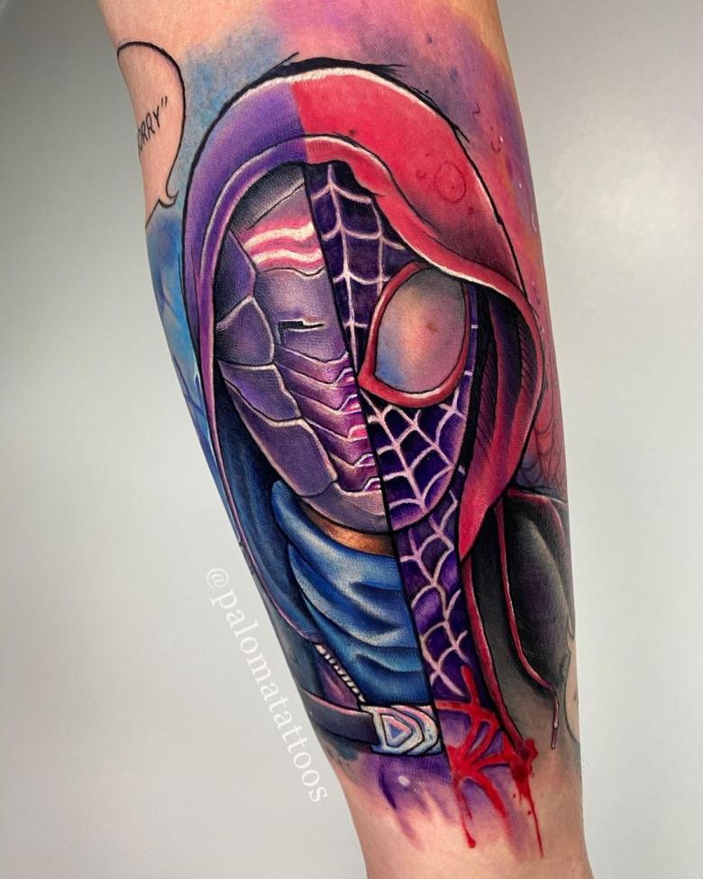 Forearm tattoo of the face of spiderman by Jay Shin