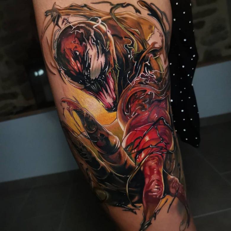 Carnage from Spider-Man tattoo sleeve in progress : r/Ironbloodtattoos