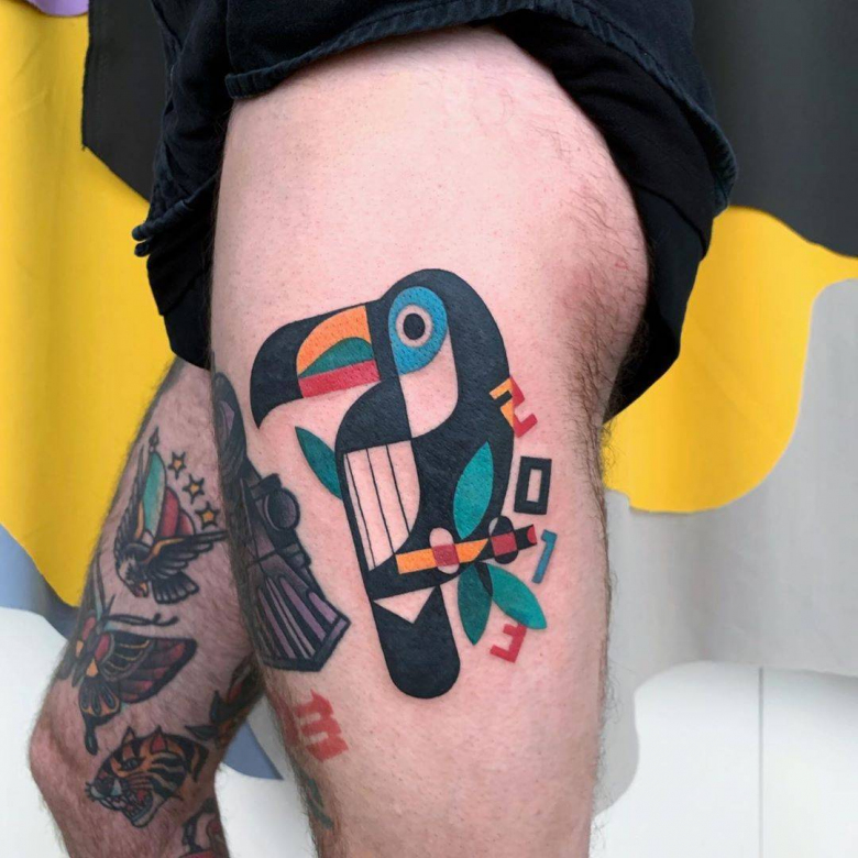 Luca Font - colorful combines of cubism and primitive in tattoo