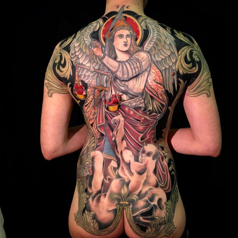 Tattoo artist Mikael de Poissy, authors style color medieval neo traditional tattoo | France