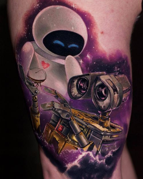 Matching ankle tattoos of WALLE and EVA by Murat