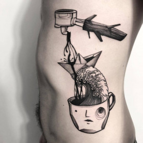 Patryk Chybowski's authors style surrealistic blackwork tattoo