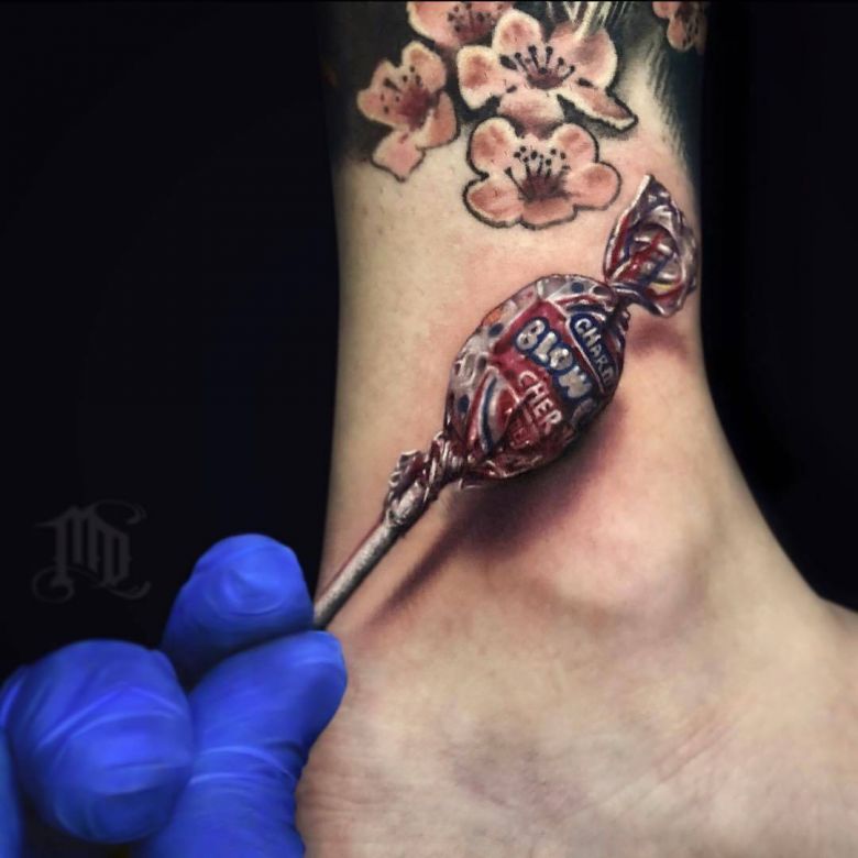 Tattoo artist Mike DeVries, color minimalistic realistic tattoo, candy | United States