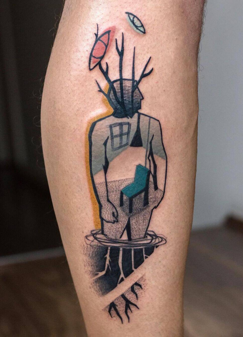 Tattoo artist Mike Kyrtatas, authors style color and black surrealistic sketch tattoo | United Kingdom