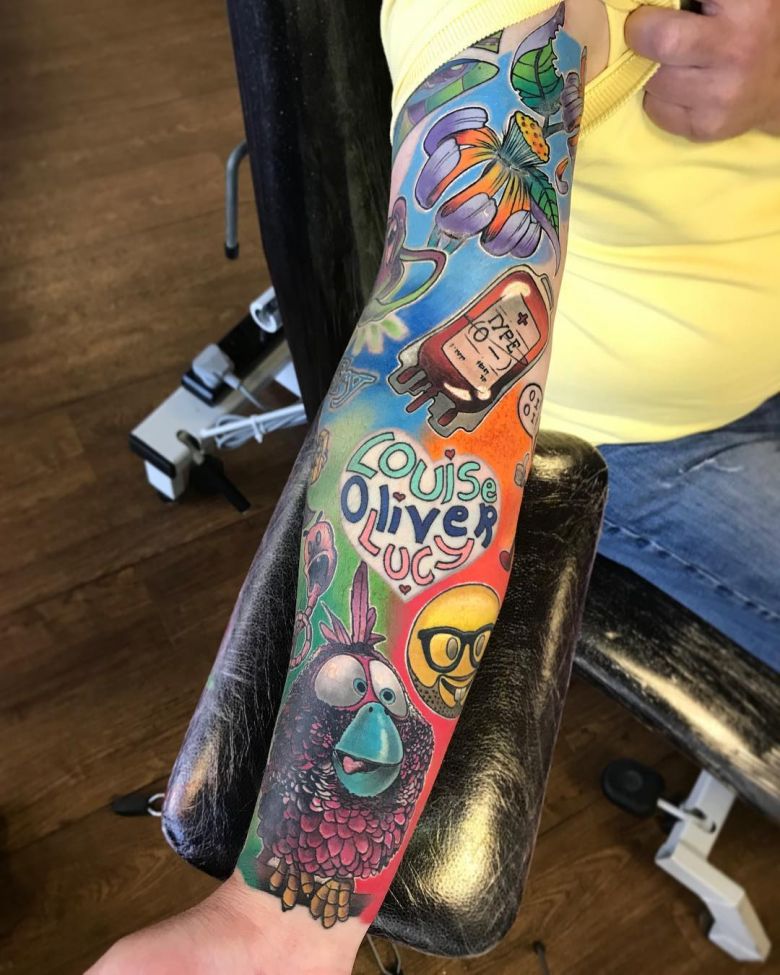 Tattoo artist Brent Goudie, color new school sleeve tattoo