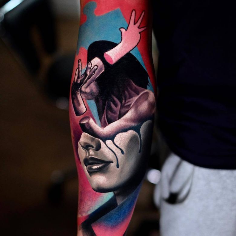 Tattoo artist Volkan Demirci, authors style color surrealistic portrait tattoo | Ushuaia Tattoo London