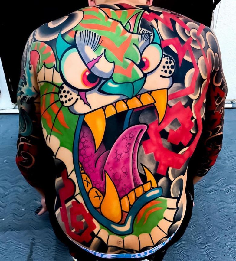 Tattoo artist Davee Blows, bright color graffiti design new school tattoo