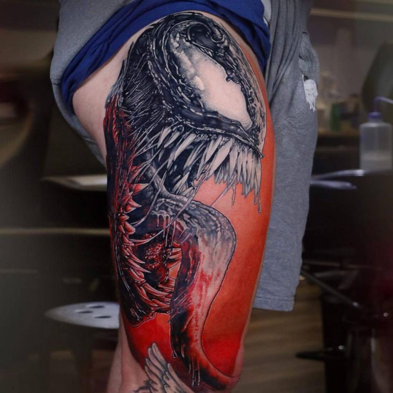 Tattoo artist Michael Cloutier, Venom black and grey with red portrait realistic tattoo | Quebec, Canada