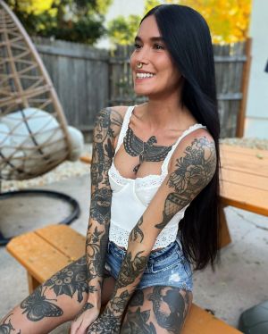 American tattoo model Peach Fuzz with unique Indigenous beauty