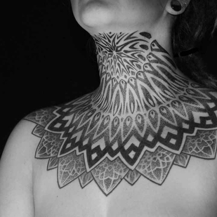 Female Black Dotwork tattoo on Neck #16009 | Tattoo Artist Maksim Zhuravlev