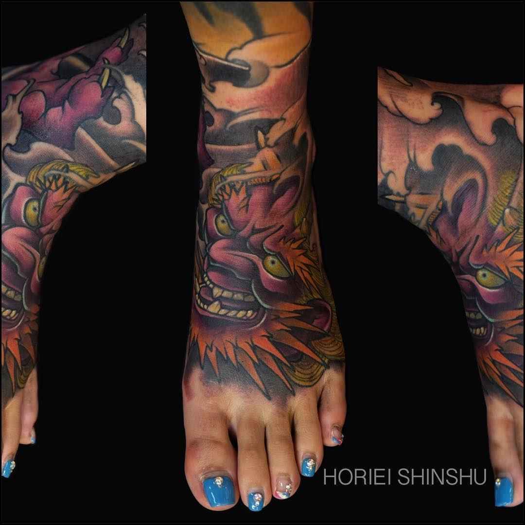 Foot Japanese Demon Tattoo by Victor Chil