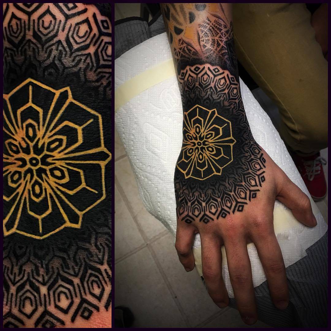 Tattoo artist Jake Gordon, authors style color traditional tattoo with black ornamentalistic background | USA