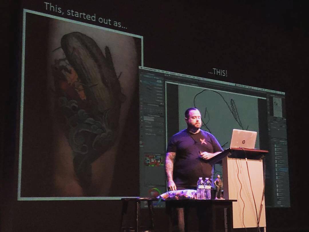 Tattoo artist Russ Abbott, seminar at 10th International Moscow Tattoo Convention, 25 May 2019