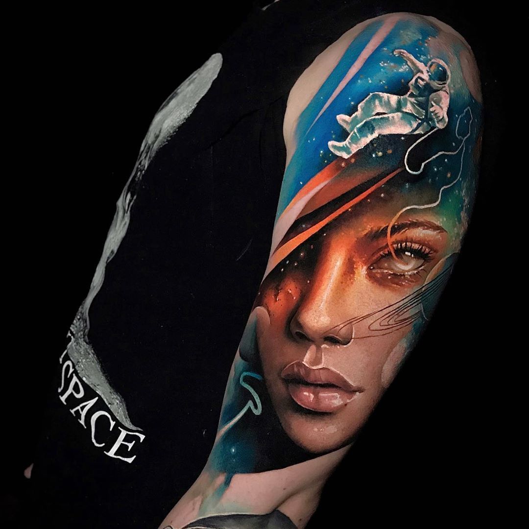 Space woman portrait tattoo Tattoo artist Sandra Daukshta, authors portrait reali...