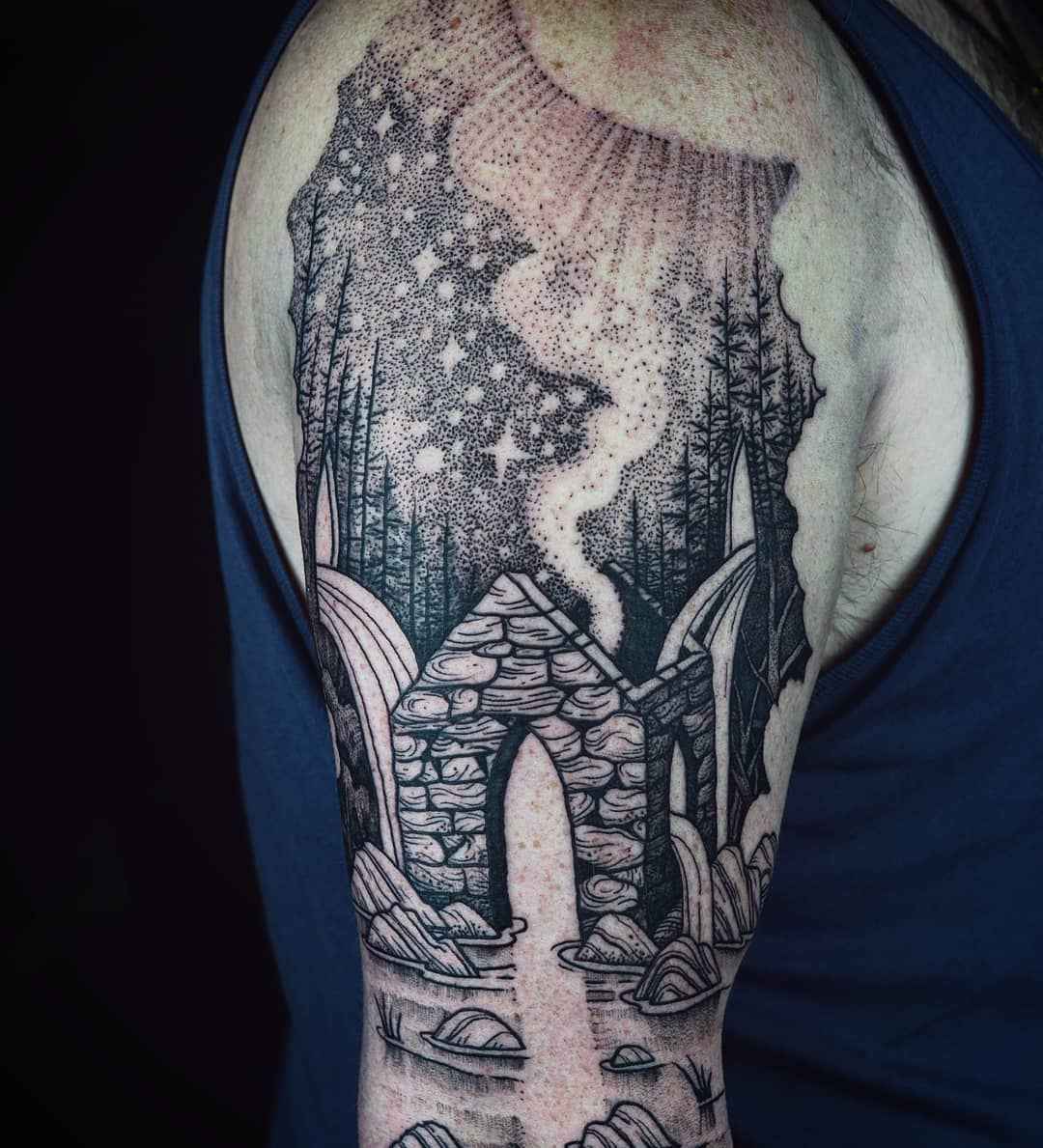 Tattoo artist Noel'le Longhaul (Loone) authors blackwork tattoo, witch, horror, etching, engraving | USA