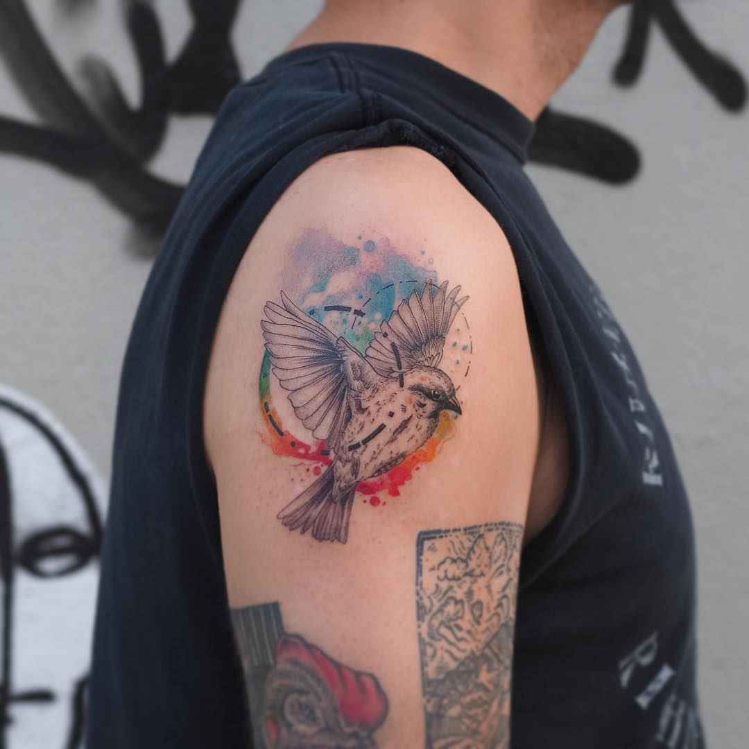Tattoo artist Baris Yesilbas color athors style watercolor tattoo with geometry and realistic elements | Turkey, United States