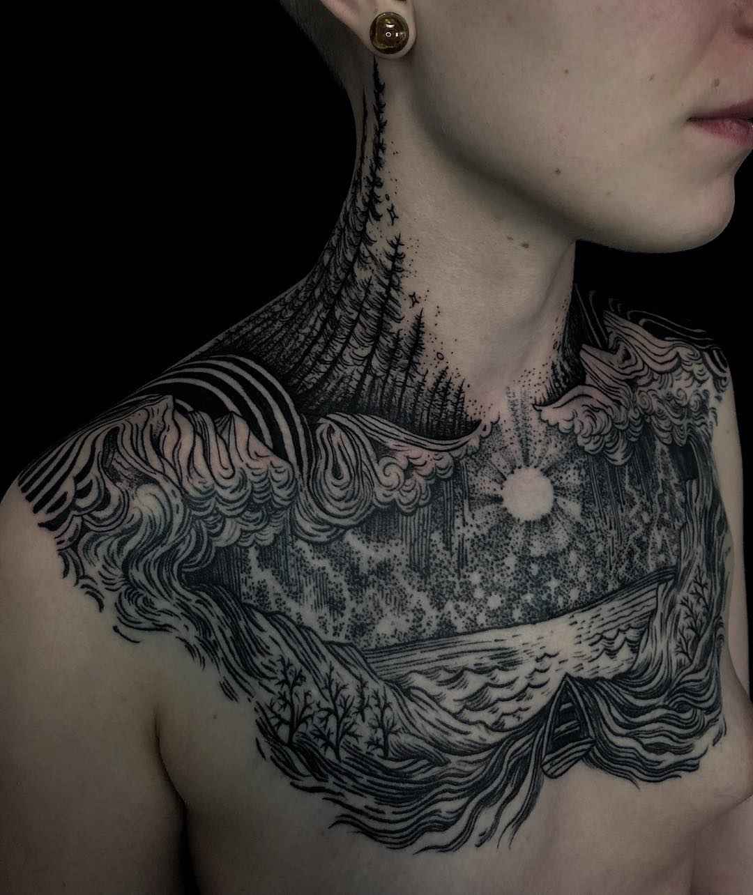 Tattoo artist Noel'le Longhaul (Loone) authors blackwork tattoo, witch, horror, etching, engraving | USA