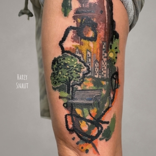 Female Color Watercolor tattoo on Leg #53619 | Tattoo Artist Harey Snaut